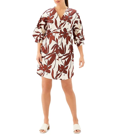 Karen Kane Stretch Woven Floral V-Neck 3/4 Lantern Sleeve Shirt Dress