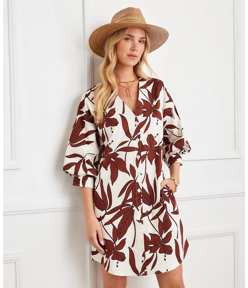 Karen Kane Stretch Woven Floral V-Neck 3/4 Lantern Sleeve Shirt Dress