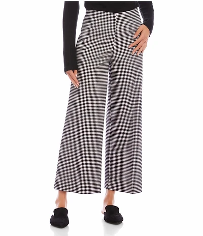 Karen Kane Stretch Woven Yarn-Dye Check High Rise Wide Leg Cropped Pants
