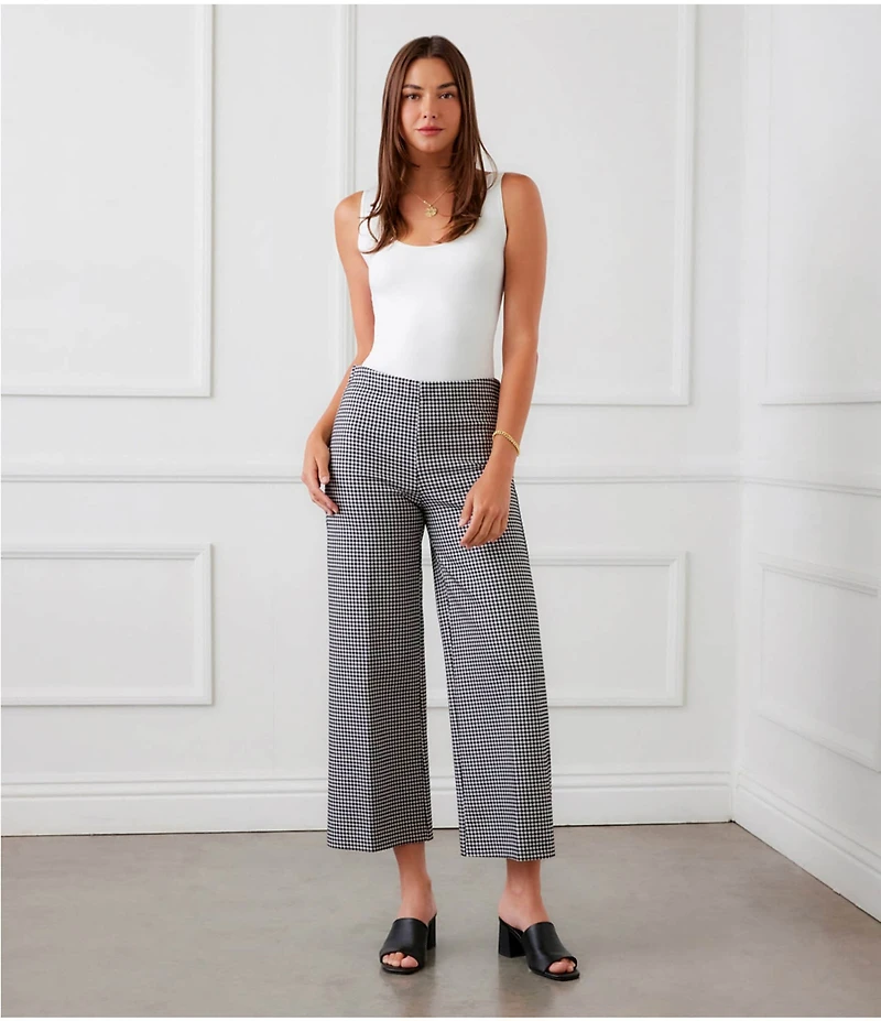 Karen Kane Stretch Woven Yarn-Dye Check High Rise Wide Leg Cropped Pants
