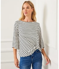 Karen Kane Stripe Crew Neck 3/4 Flare Sleeve Twist Front Top