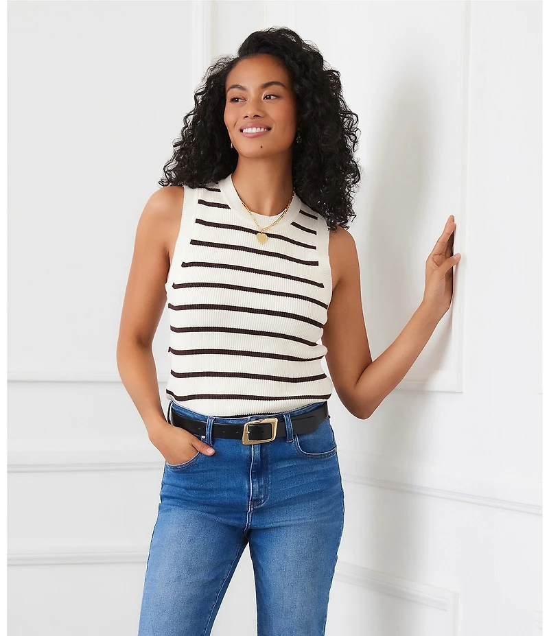Karen Kane Stripe Crew Neck Sleeveless Layering Knit Tank