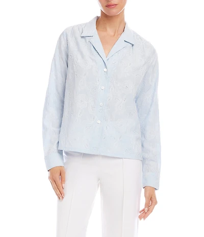 Karen Kane Stripe Embellished Notch Collar Long Sleeve Button Front Shirt