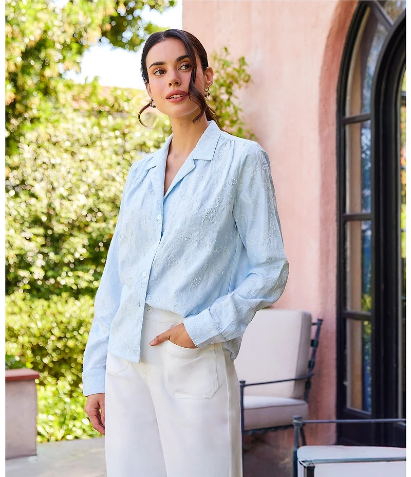 Karen Kane Stripe Embellished Notch Collar Long Sleeve Button Front Shirt