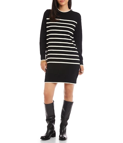 Karen Kane Stripe Knit Crew Neck Long Sleeve Shift Dress