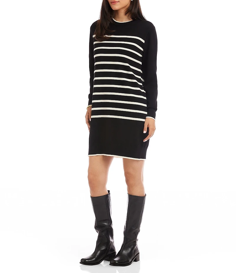Karen Kane Stripe Knit Crew Neck Long Sleeve Shift Dress