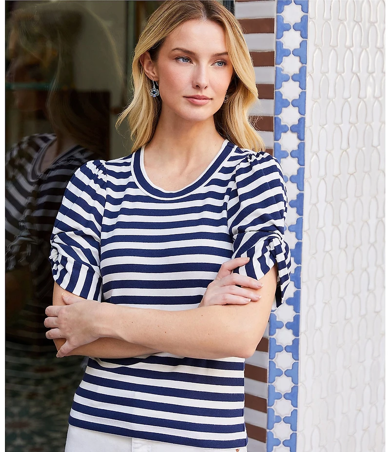 Karen Kane Stripe Ribbed Knit Scoop Neck Twist-Sleeve Top