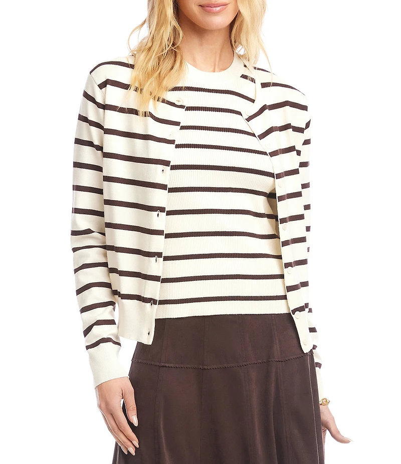 Karen Kane Stripe Scoop Neck Long Sleeve Button Front Cardigan