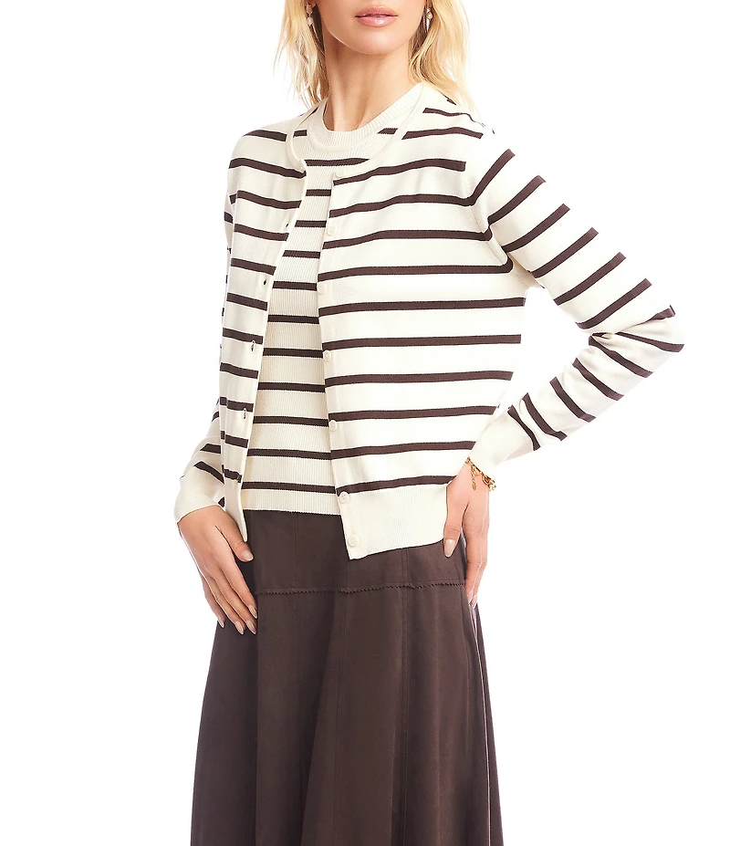 Karen Kane Stripe Scoop Neck Long Sleeve Button Front Cardigan