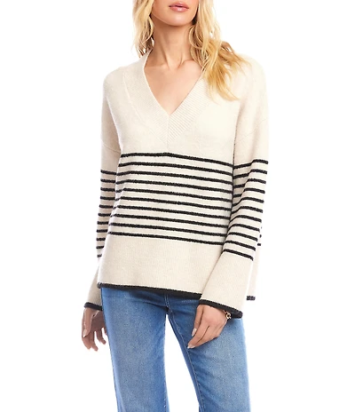 Karen Kane Stripe V-Neck Drop Shoulder Long Sleeve Ribbed Trim Sweater