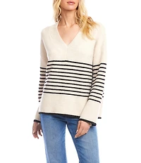 Karen Kane Stripe V-Neck Drop Shoulder Long Sleeve Ribbed Trim Sweater