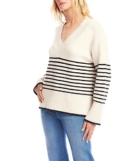 Karen Kane Stripe V-Neck Drop Shoulder Long Sleeve Ribbed Trim Sweater