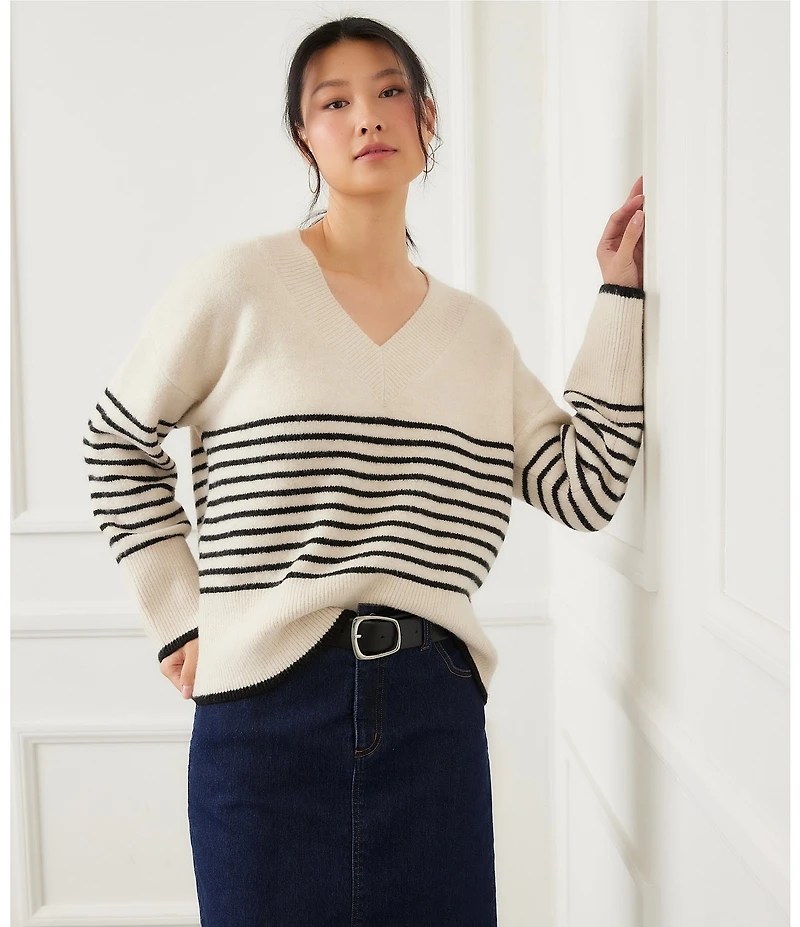 Karen Kane Stripe V-Neck Drop Shoulder Long Sleeve Ribbed Trim Sweater