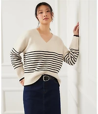 Karen Kane Stripe V-Neck Drop Shoulder Long Sleeve Ribbed Trim Sweater