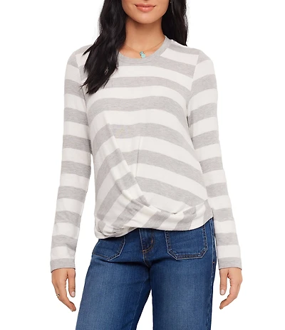 Karen Kane Striped Drape Front Crew Neck Long Sleeve Top