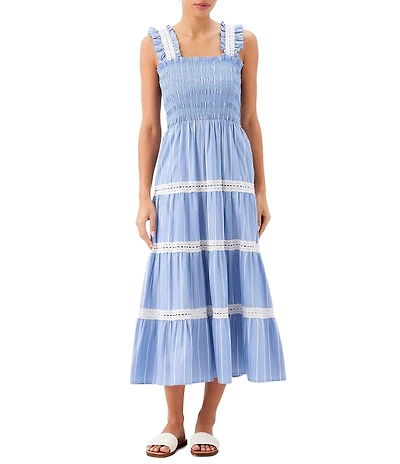 Karen Kane Striped Shirting Lace Trim Square Neck Sleeveless A-Line Tiered Midi Dress
