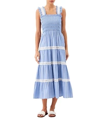 Karen Kane Striped Shirting Lace Trim Square Neck Sleeveless A-Line Tiered Midi Dress