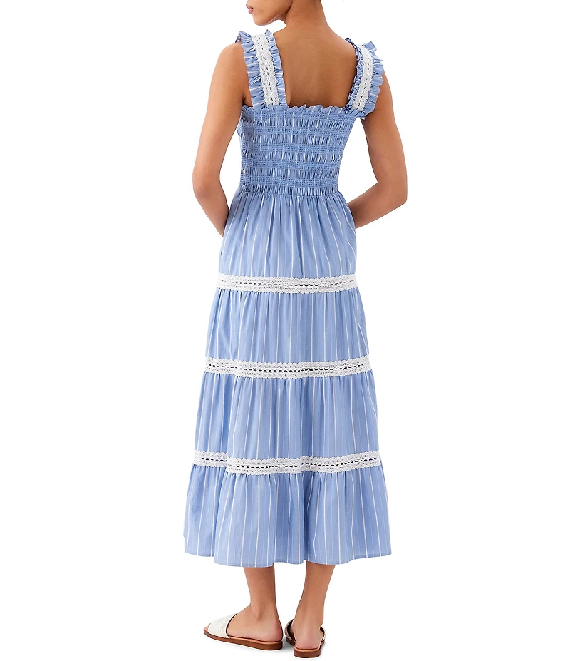 Karen Kane Striped Shirting Lace Trim Square Neck Sleeveless A-Line Tiered Midi Dress