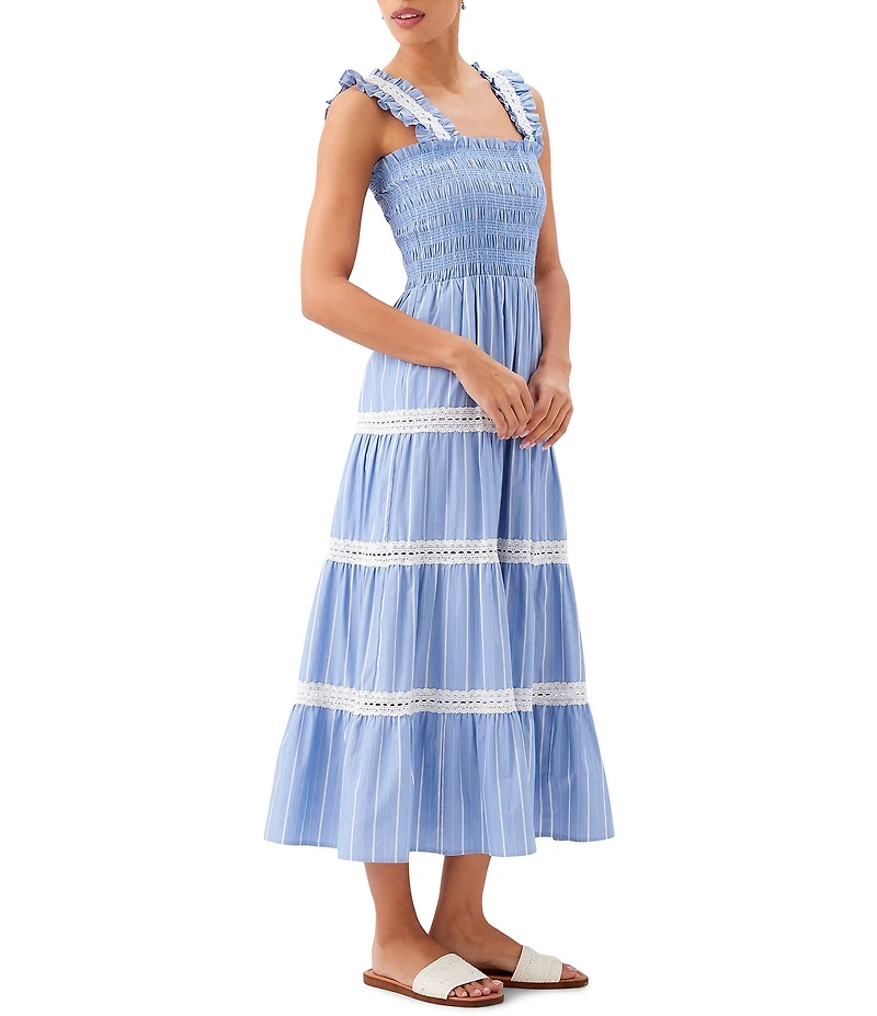 Karen Kane Striped Shirting Lace Trim Square Neck Sleeveless A-Line Tiered Midi Dress
