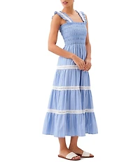 Karen Kane Striped Shirting Lace Trim Square Neck Sleeveless A-Line Tiered Midi Dress