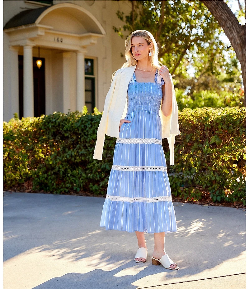 Karen Kane Striped Shirting Lace Trim Square Neck Sleeveless A-Line Tiered Midi Dress