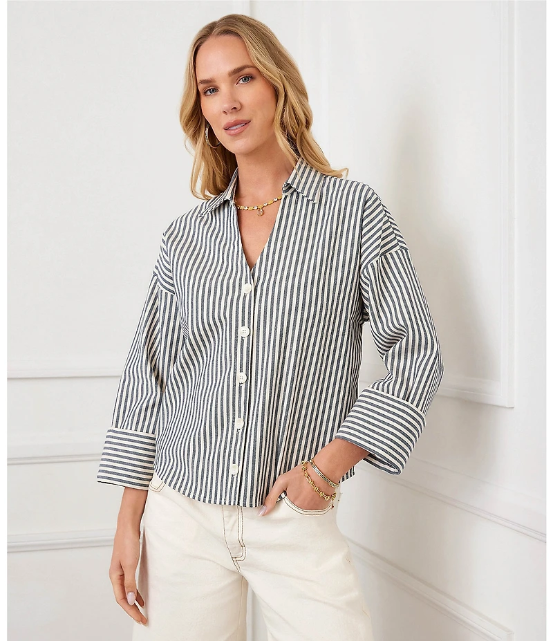 Karen Kane Striped Stretch Woven Point Collar 3/4 Sleeve Top