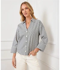 Karen Kane Striped Stretch Woven Point Collar 3/4 Sleeve Top