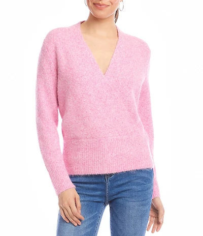Karen Kane Surplice V-Neck Long Sleeve Crossover Faux Wrap Knit Top