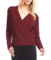 Karen Kane Surplice V-Neck Long Sleeve Crossover Faux Wrap Knit Top