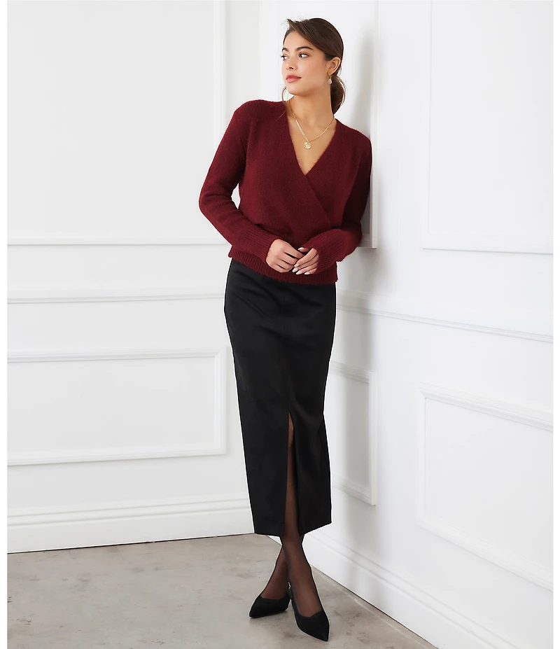 Karen Kane Surplice V-Neck Long Sleeve Crossover Faux Wrap Knit Top