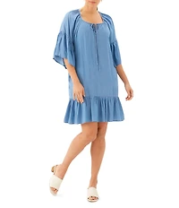 Karen Kane Tencel Split V-Neck 3/4 Flutter Sleeve Tiered Ruffle Hem Shift Dress