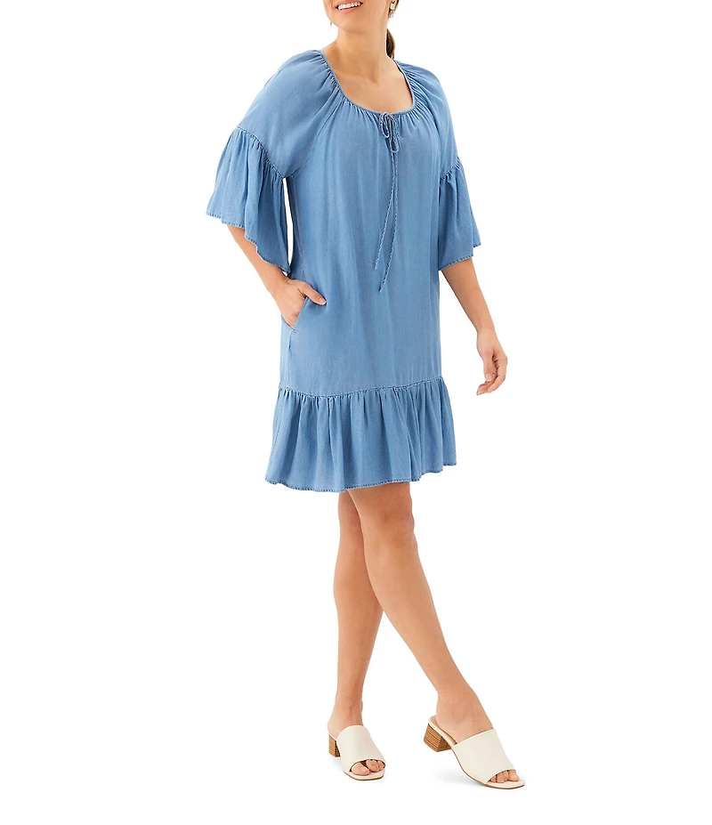 Karen Kane Tencel Split V-Neck 3/4 Flutter Sleeve Tiered Ruffle Hem Shift Dress