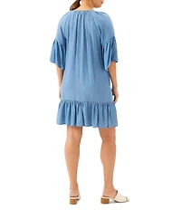 Karen Kane Tencel Split V-Neck 3/4 Flutter Sleeve Tiered Ruffle Hem Shift Dress