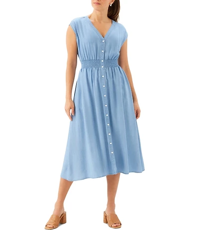 Karen Kane Tencel V-Neck Cap Sleeve Smocked Waist Button Front Midi Dress