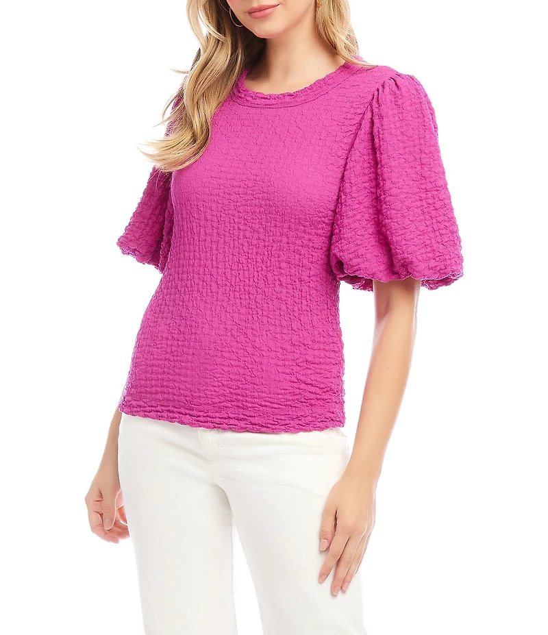Karen Kane Textured Knit Crew Neck Short Puff Sleeve Top