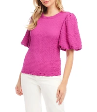 Karen Kane Textured Knit Crew Neck Short Puff Sleeve Top