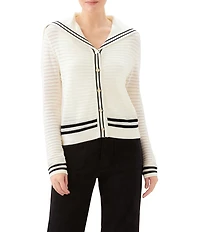 Karen Kane Textured Knit Nautical Contrast Trim Sailor Collar Long Sleeve Cardigan