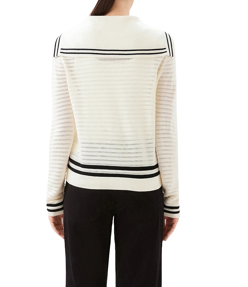 Karen Kane Textured Knit Nautical Contrast Trim Sailor Collar Long Sleeve Cardigan