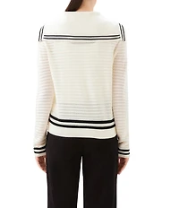 Karen Kane Textured Knit Nautical Contrast Trim Sailor Collar Long Sleeve Cardigan