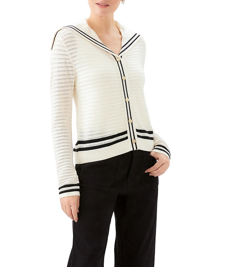 Karen Kane Textured Knit Nautical Contrast Trim Sailor Collar Long Sleeve Cardigan