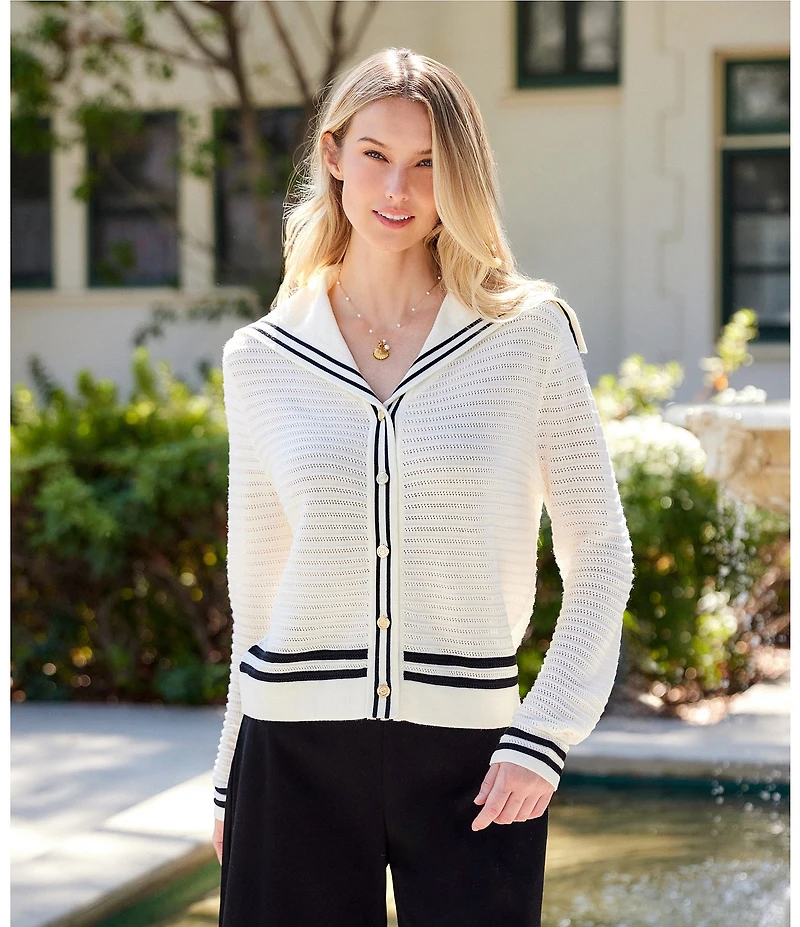 Karen Kane Textured Knit Nautical Contrast Trim Sailor Collar Long Sleeve Cardigan