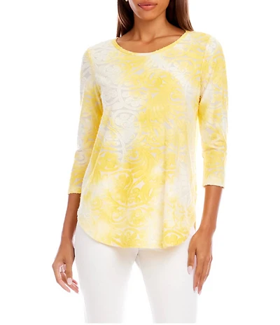 Karen Kane Tie-Dye Jacquard Burnout Crew Neck 3/4 Sleeve Top