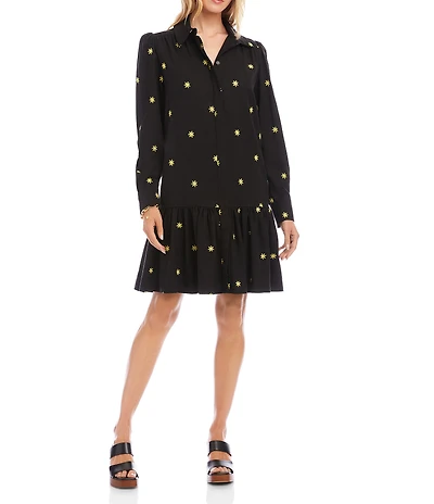 Karen Kane Twill Floral Embroidered Point Collar Long Sleeve Button Front Drop Waist Dress