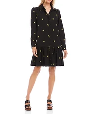 Karen Kane Twill Floral Embroidered Point Collar Long Sleeve Button Front Drop Waist Dress