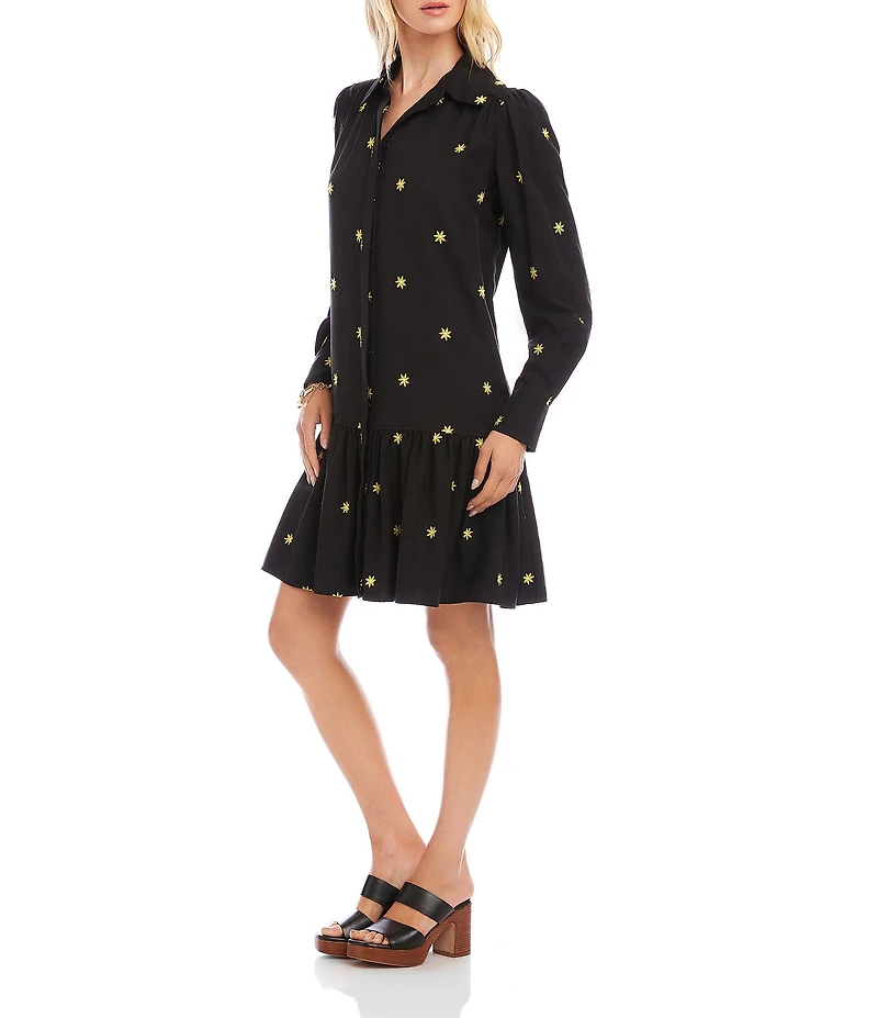 Karen Kane Twill Floral Embroidered Point Collar Long Sleeve Button Front Drop Waist Dress