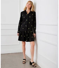 Karen Kane Twill Floral Embroidered Point Collar Long Sleeve Button Front Drop Waist Dress