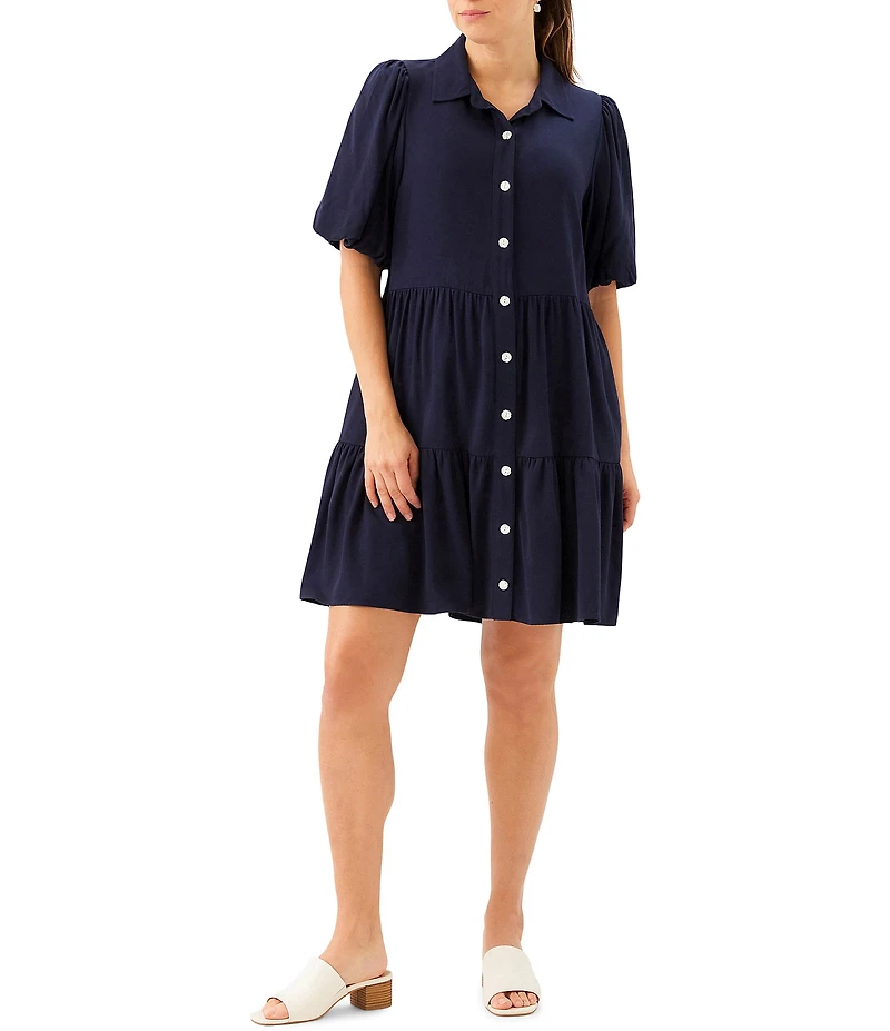 Karen Kane Twill Point Collar Puff Sleeve Tiered Shirt Dress