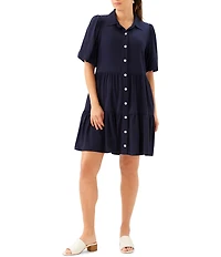 Karen Kane Twill Point Collar Puff Sleeve Tiered Shirt Dress