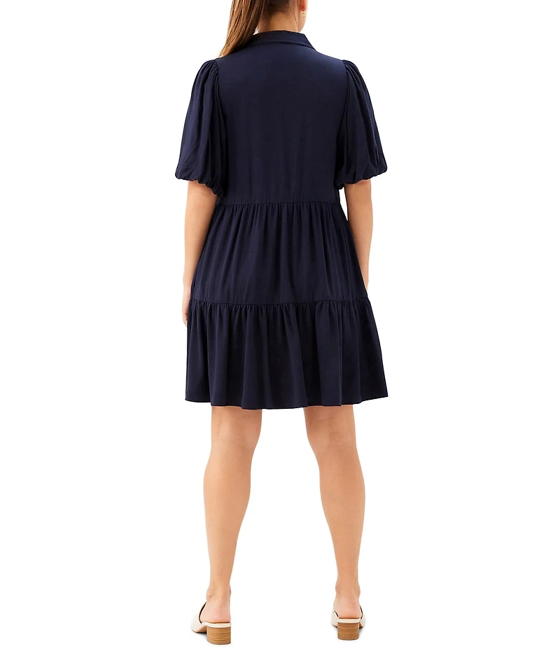Karen Kane Twill Point Collar Puff Sleeve Tiered Shirt Dress