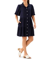 Karen Kane Twill Point Collar Puff Sleeve Tiered Shirt Dress